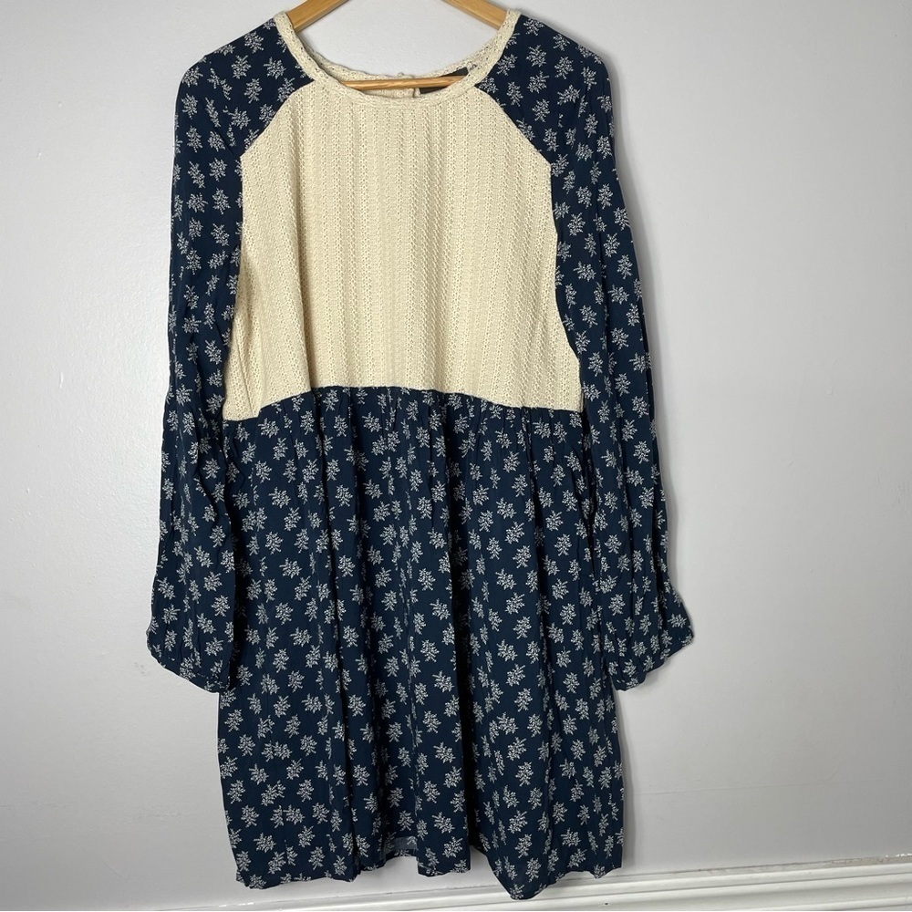 THML Mixed Media Babydoll Knit Floral Blue & Cream Long Sleeve Mini Dress